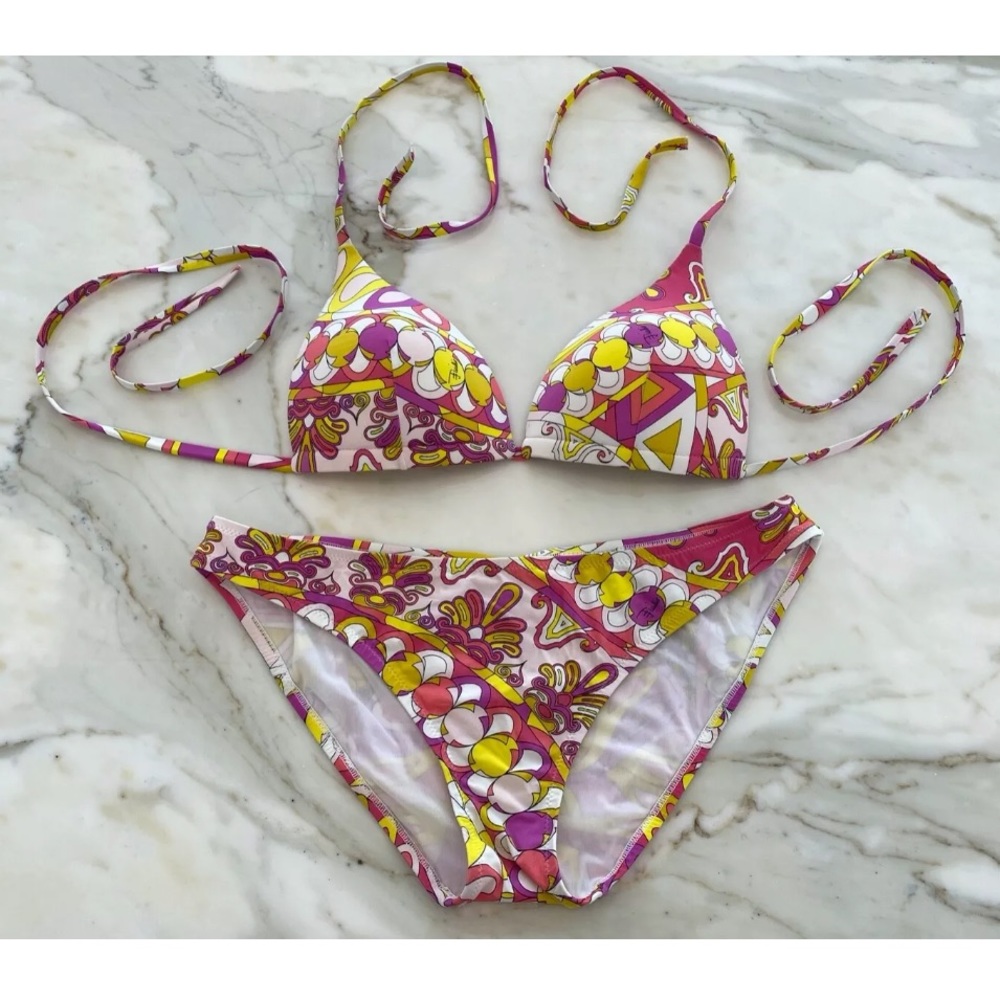 EMILIO PUCCI PINK YELLOW WHITE PRINT BIKINI IT 42 / US 8